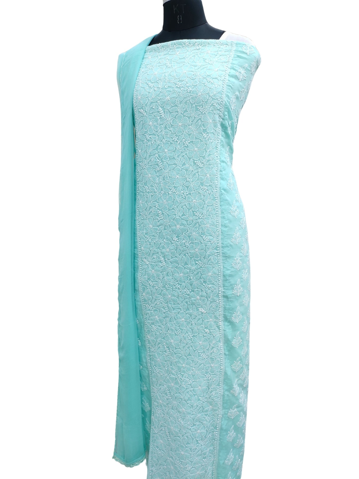 Shyamal Chikan Hand Embroidered Sea Green Cotton Lucknowi Chikankari Unstitched Suit Piece With Daraz Work- S22227