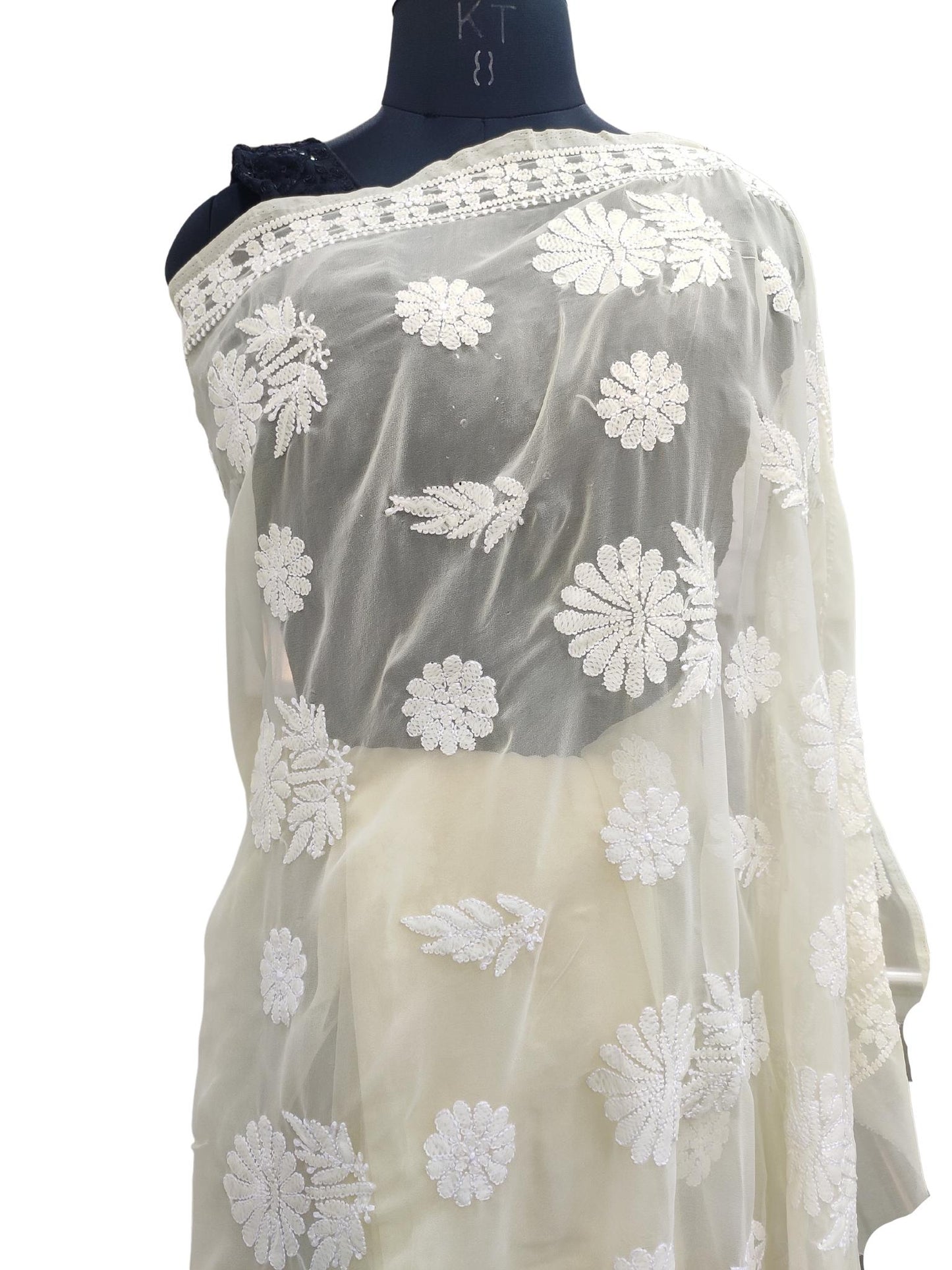 Shyamal Chikan Hand Embroidered Lemon Georgette Lucknowi Chikankari Saree With Blouse Piece - S21331