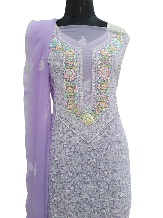 Shyamal Chikan Hand Embroidered Purple Georgette Lucknowi Chikankari Unstitched Suit Piece With Parsi Work - S24386