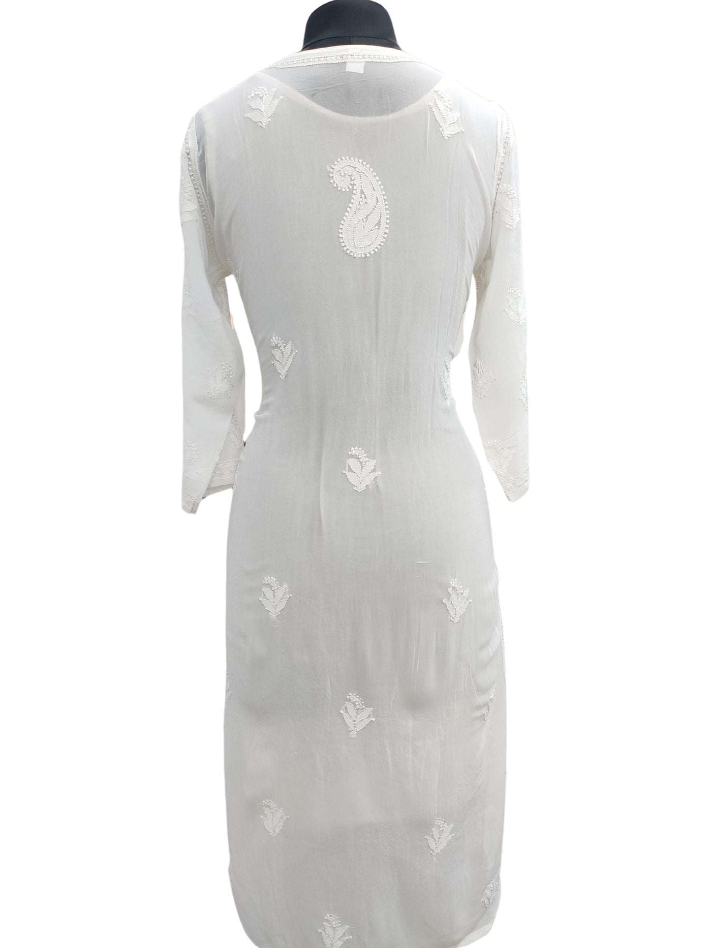 Shyamal Chikan Hand Embroidered White Viscose Georgette Lucknowi Chikankari Kurti - S24274