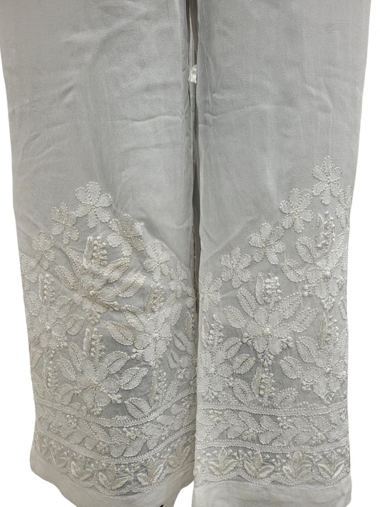 Shyamal Chikan Hand Embroidered White Viscose Georgette Lucknowi Chikankari Women's Pant - S24639