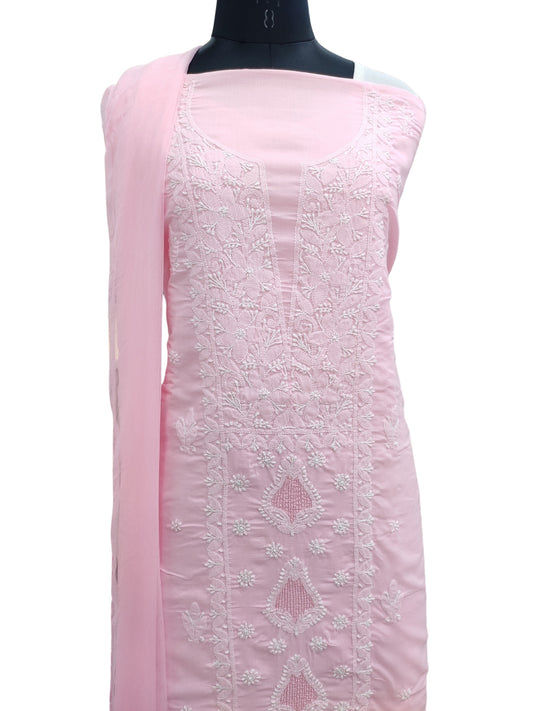 Shyamal Chikan Hand Embroidered Pink Cotton Lucknowi Chikankari Unstitched Suit Piece With Jaali Work - S25039