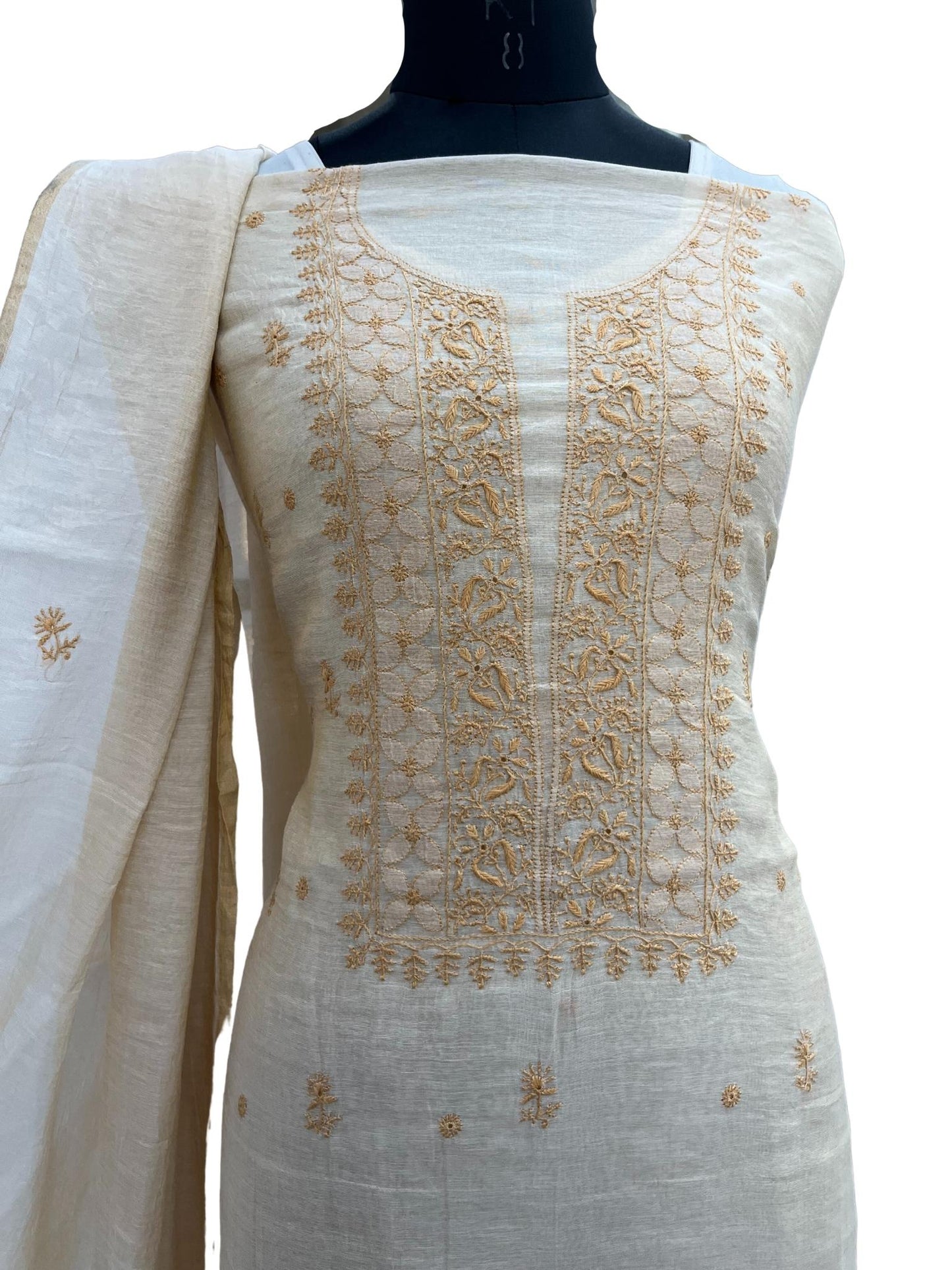 Shyamal Chikan Hand Embroidered Natural Fawn Tissue Chanderi Lucknowi Chikankari Unstitched Suit Piece ( Kurta Dupatta Set ) - S20984