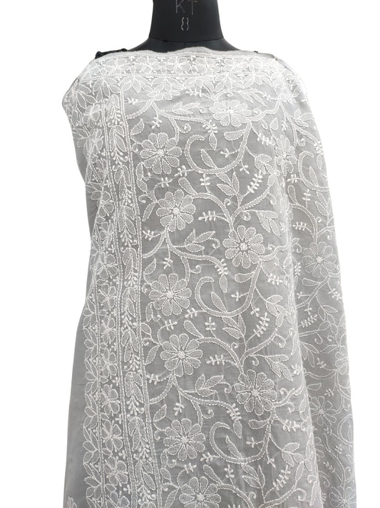 Shyamal Chikan Hand Embroidered Grey Cotton Lucknowi Chikankari Heavy Palla Saree With Blouse Piece- S22535