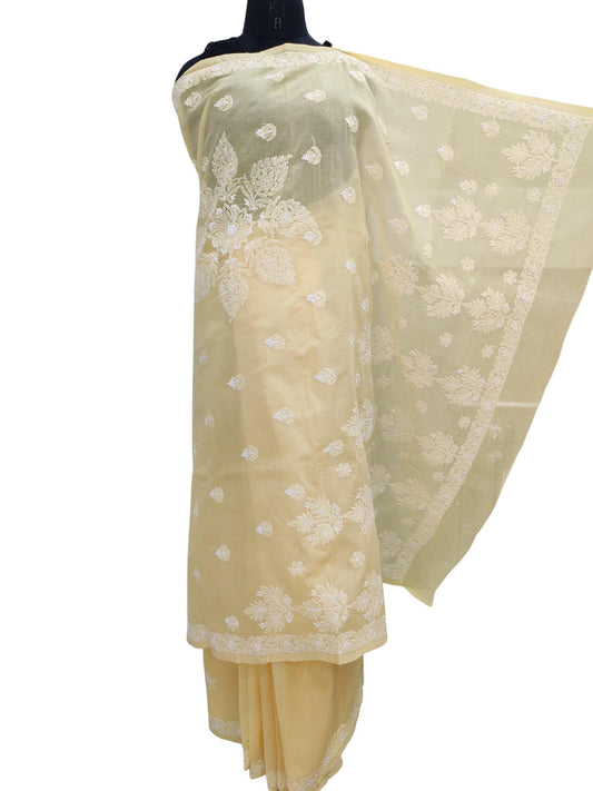Shyamal Chikan Hand Embroidered Yellow Cotton Lucknowi Chikankari Saree With Blouse Piece- S18278