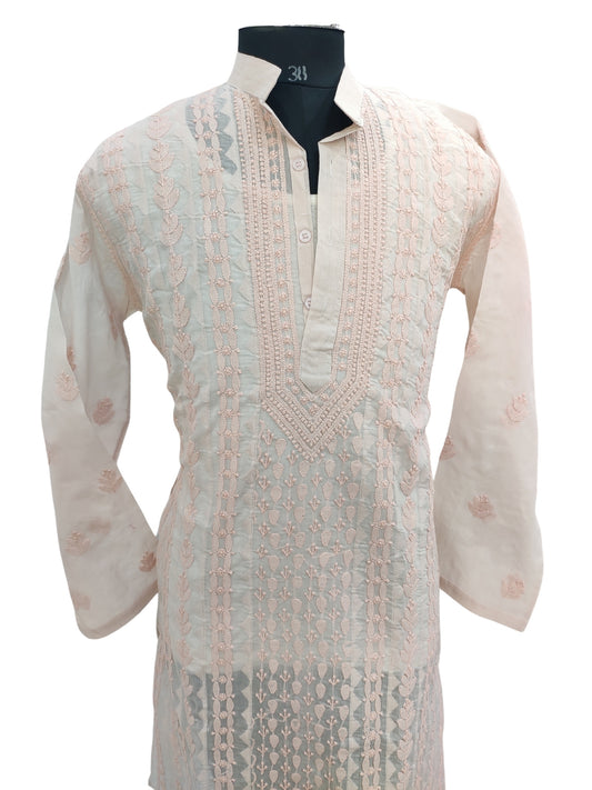 Shyamal Chikan Hand Embroidered Peach Cotton Lucknowi Chikankari Men's Kurta With Daraz Work S23430