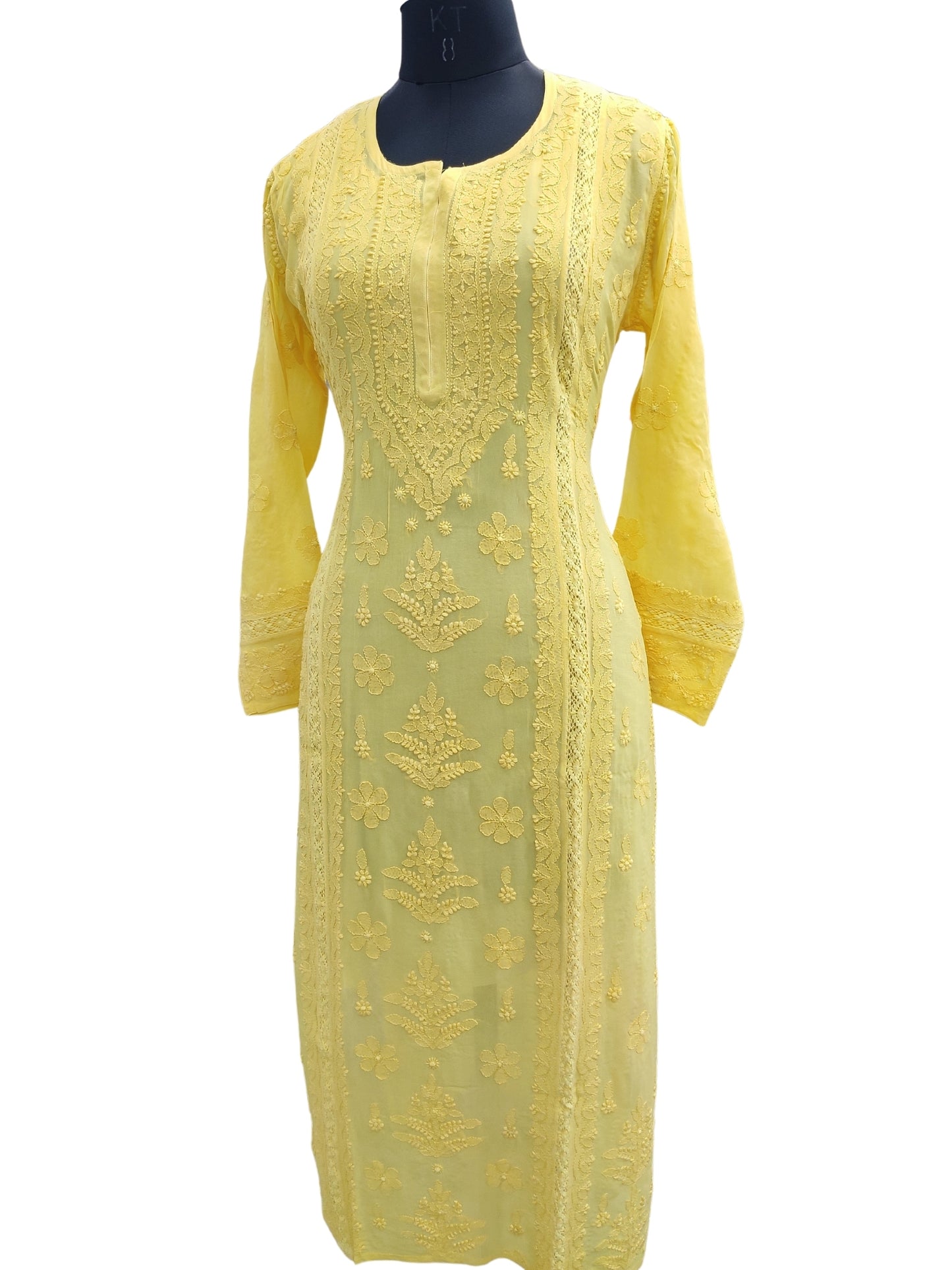 Shyamal Chikan Hand Embroidered Yellow Viscose Georgette Lucknowi Chikankari Kurti With Crosia Work  - 23857