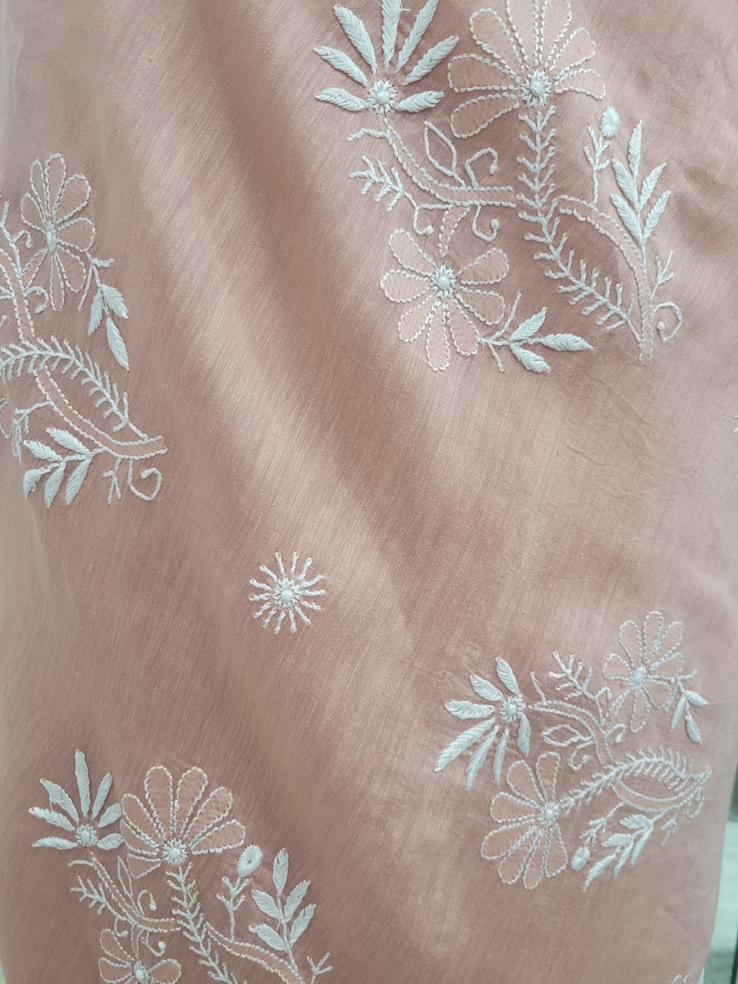 Shyamal Chikan Hand Embroidered Peach Pure Lenin Lucknowi Chikankari Saree With Blouse Piece- S24059