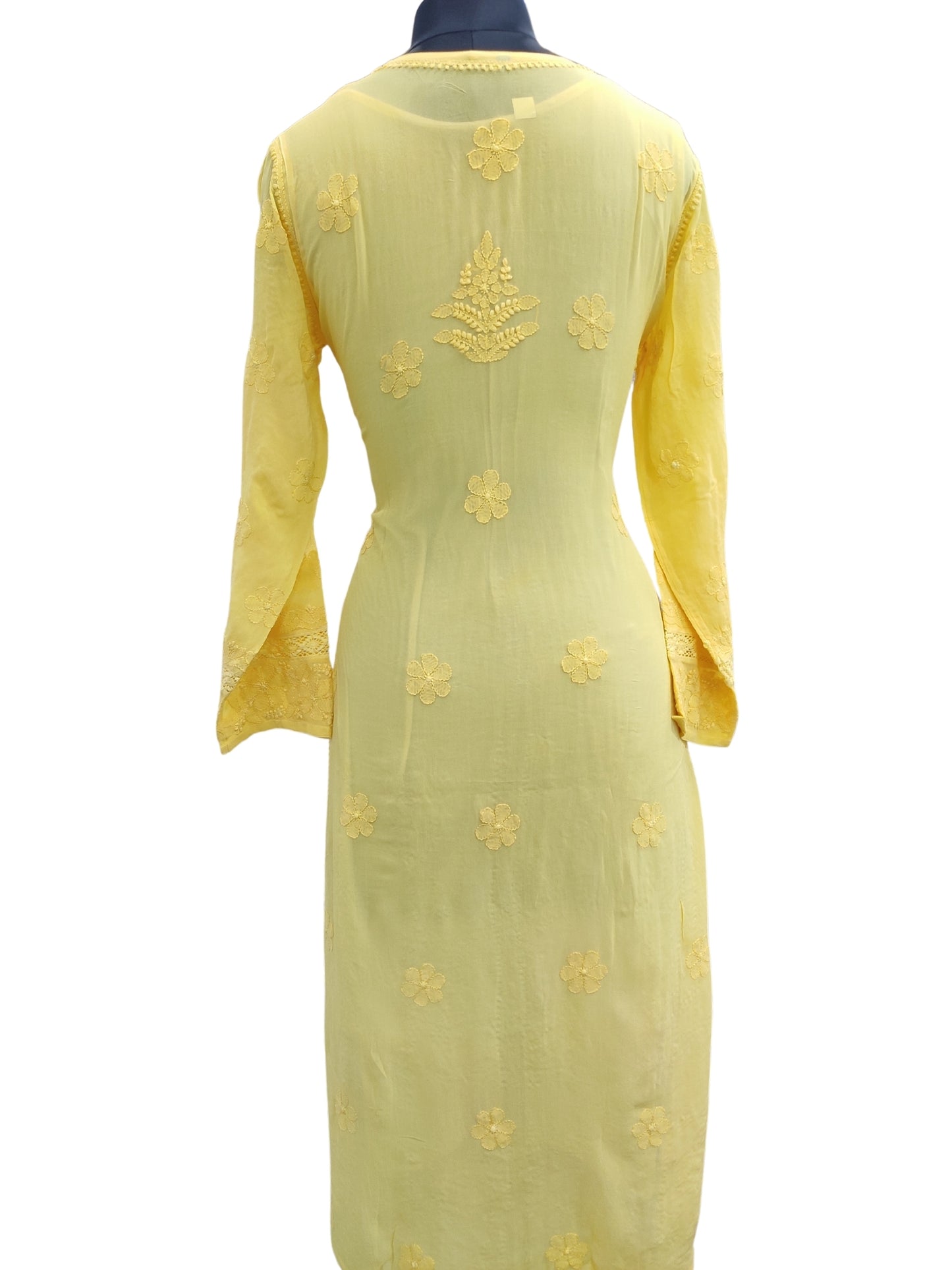 Shyamal Chikan Hand Embroidered Yellow Viscose Georgette Lucknowi Chikankari Kurti With Crosia Work  - 23857