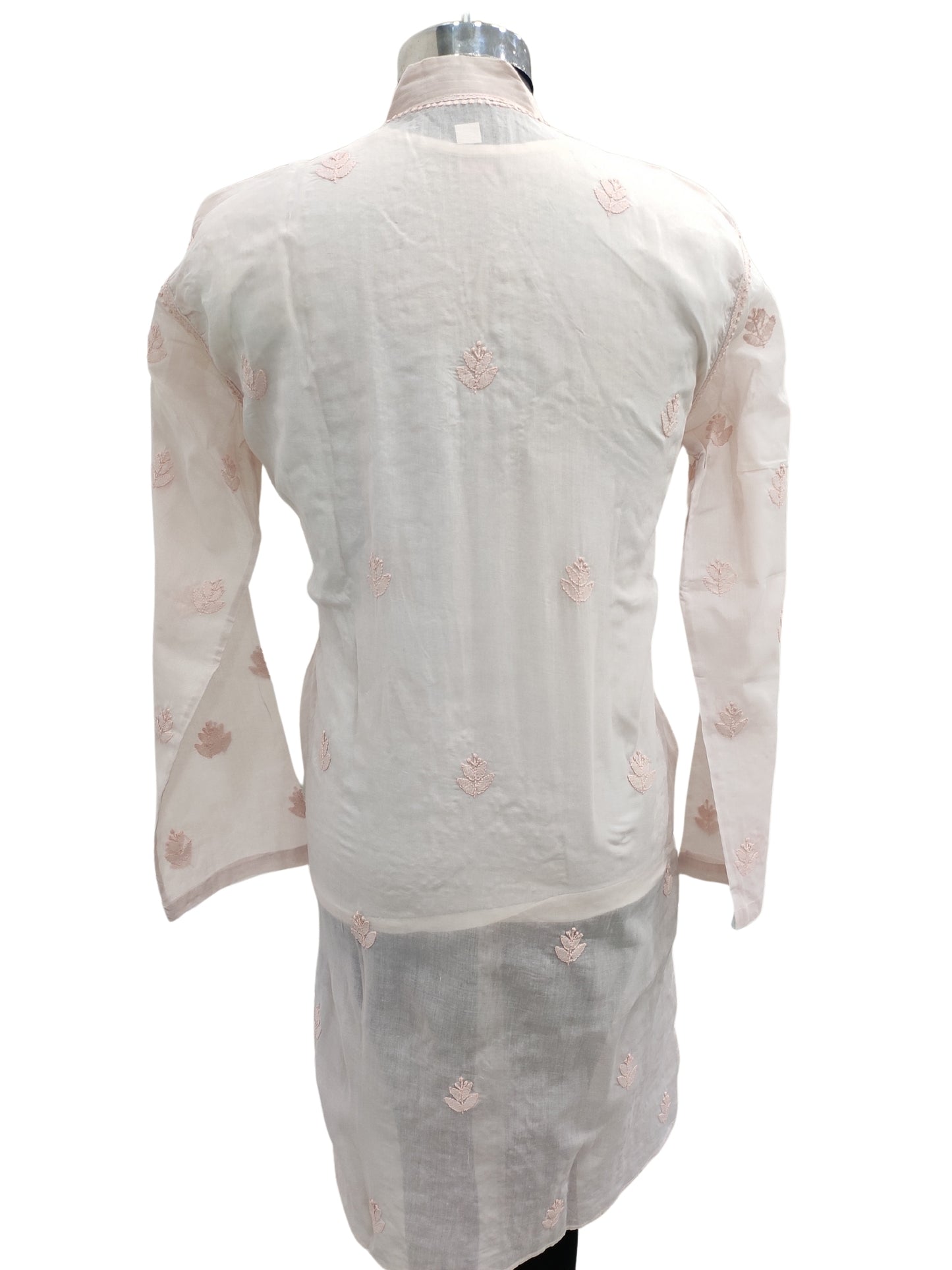 Shyamal Chikan Hand Embroidered Peach Cotton Lucknowi Chikankari Men's Kurta With Daraz Work S23430