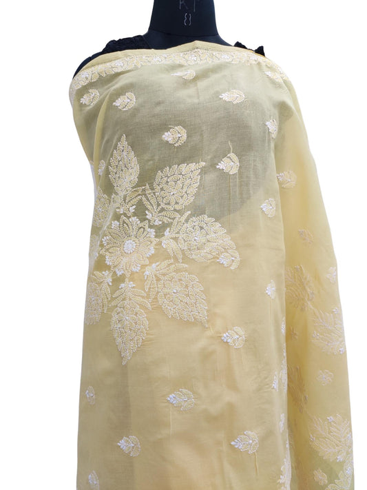 Shyamal Chikan Hand Embroidered Yellow Cotton Lucknowi Chikankari Saree With Blouse Piece- S18278
