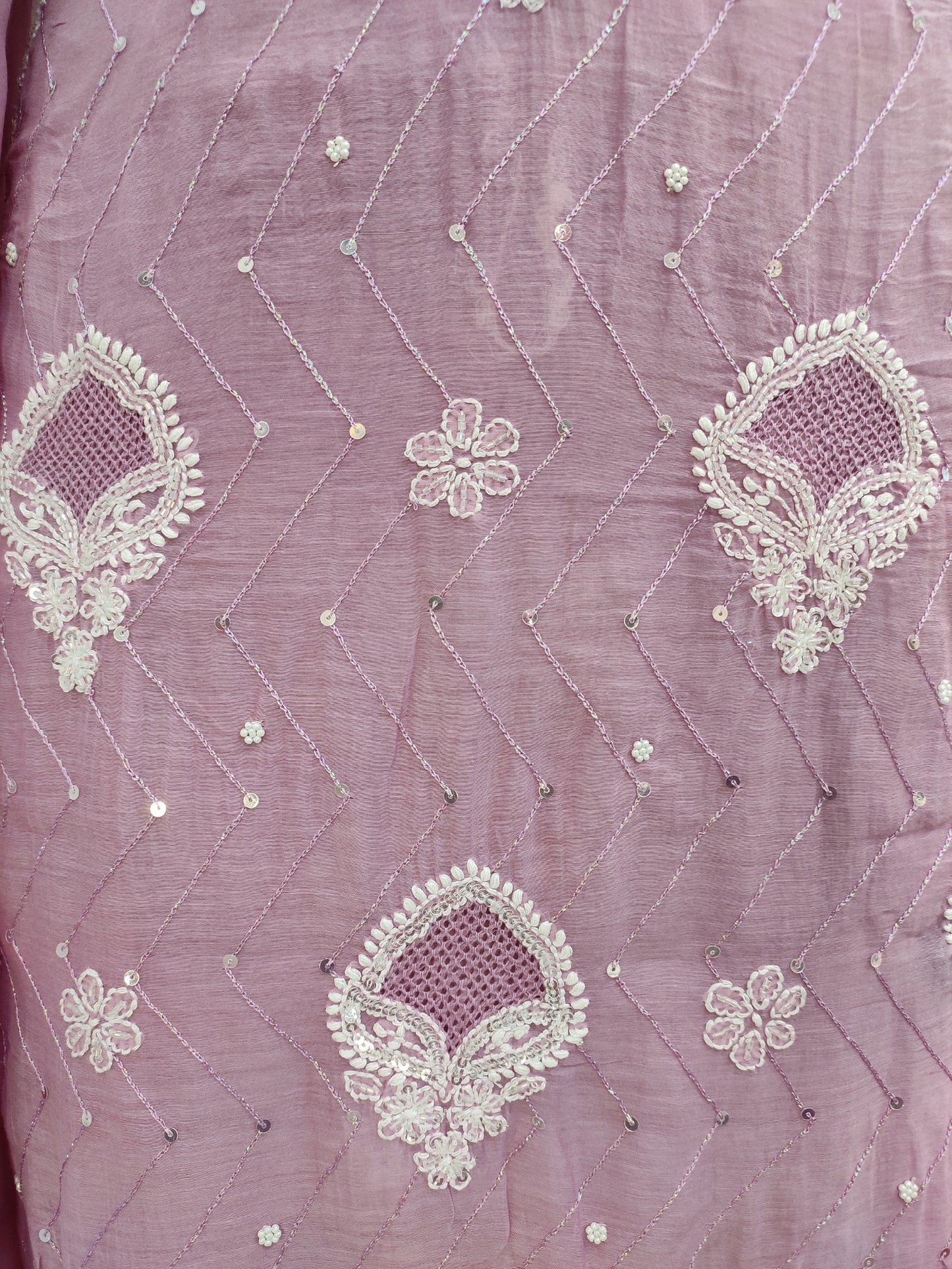 Shyamal Chikan Hand Embroidered Purple Mul Chanderi Lucknowi Chikankari Unstitched Suit Piece with Pearl & Sequin Work (Kurta Dupatta Set) - S20715