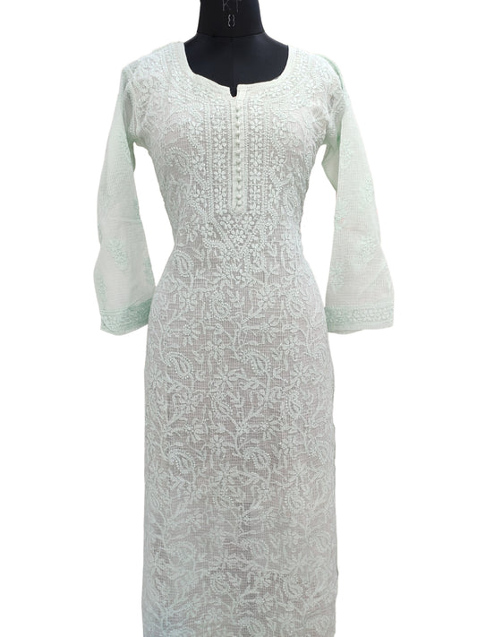 Shyamal Chikan Hand Embroidered Sea Green Kota Cotton Lucknowi Chikankari Kurti- S20506