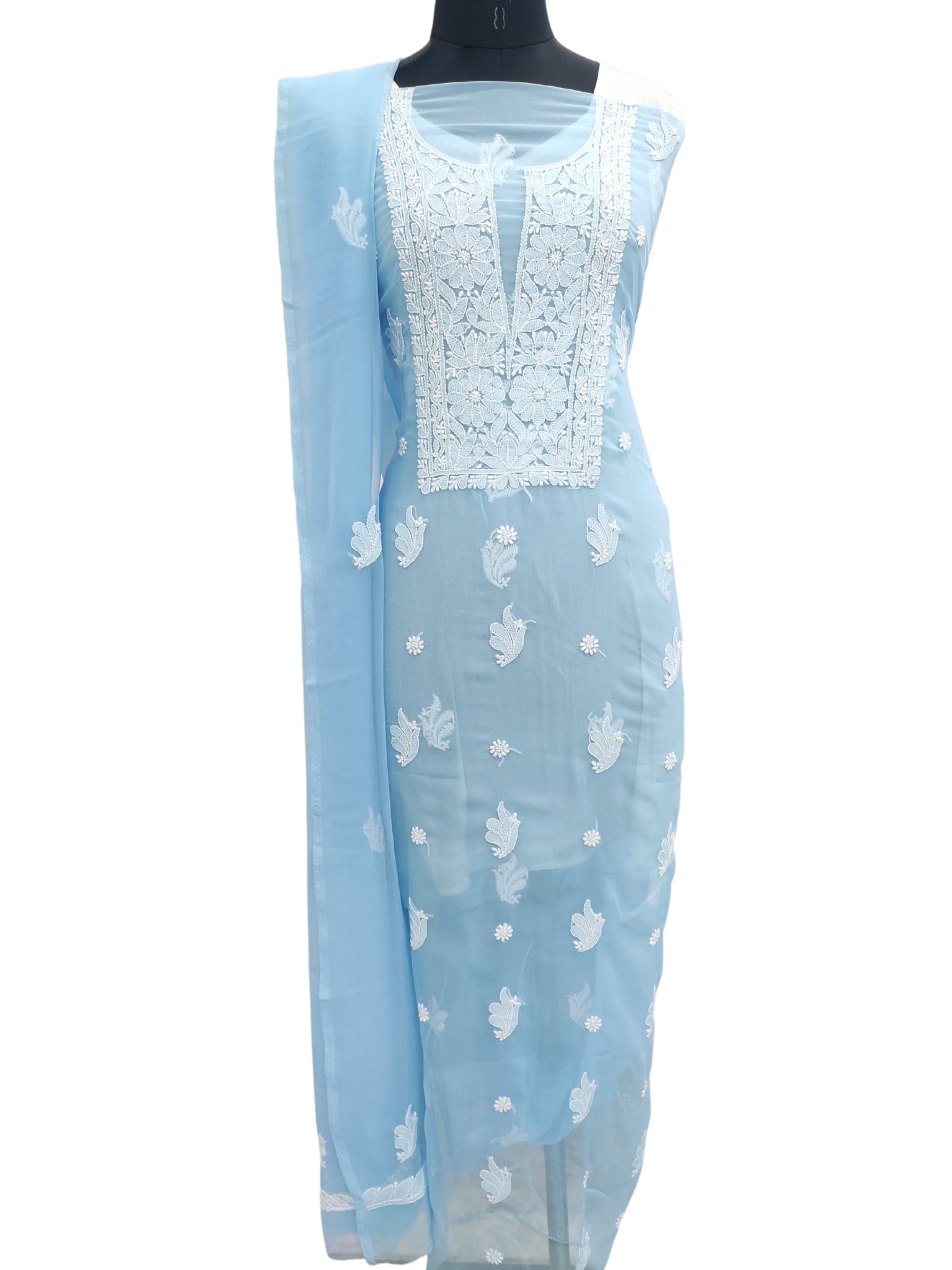 Shyamal Chikan Hand Embroidered Blue Georgette Lucknowi Chikankari Unstitched Suit Piece - S23139