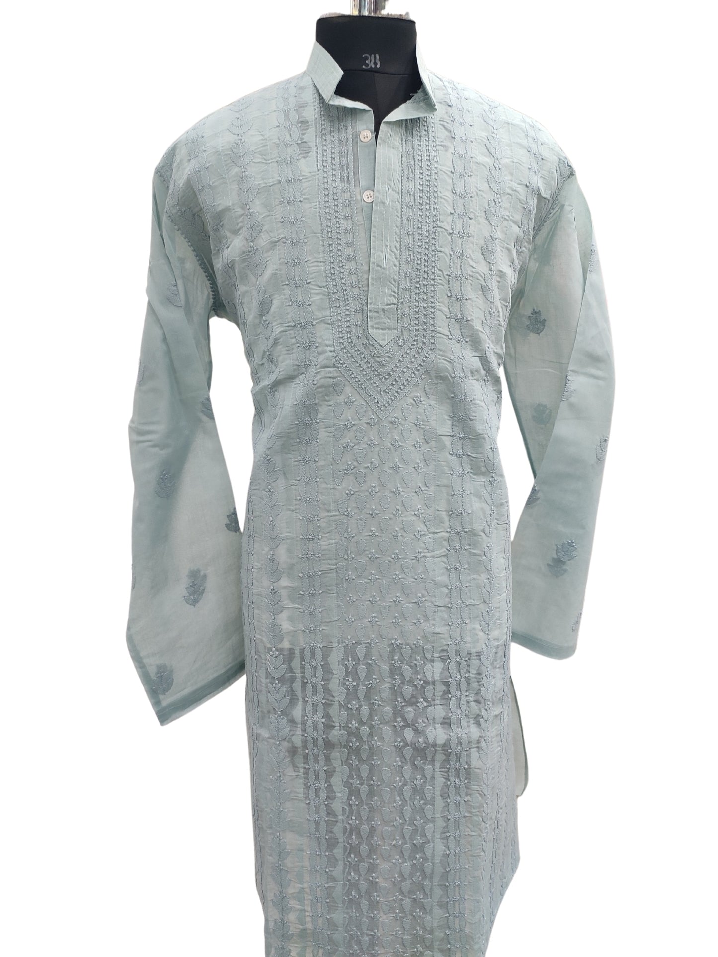 Shyamal Chikan Hand Embroidered Grey Cotton Lucknowi Chikankari Men's Kurta With Daraz Work S23427