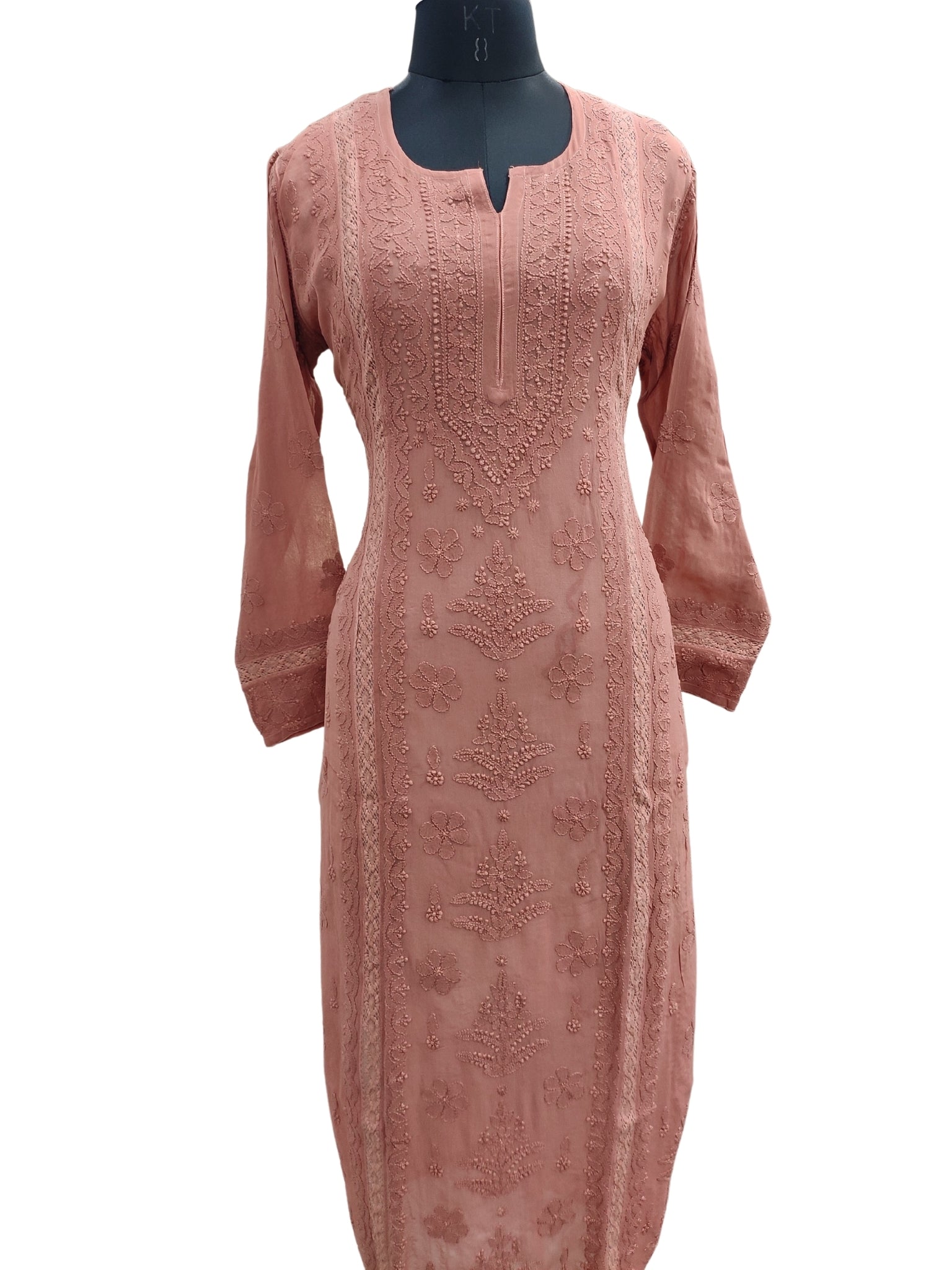 Shyamal Chikan Hand Embroidered Peach Viscose Georgette Lucknowi Chikankari Kurti With Crosia Work  - 23867