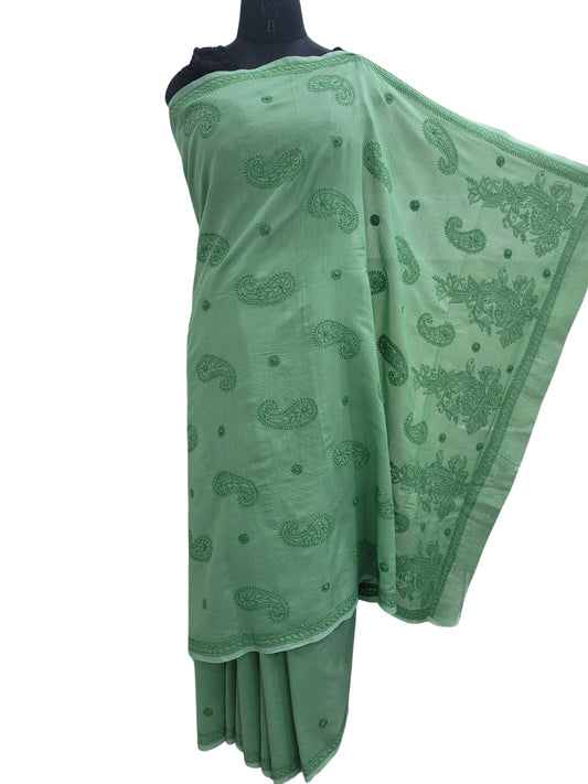 Shyamal Chikan Hand Embroidered Green Cotton Lucknowi Chikankari Saree With Blouse Piece - S25229