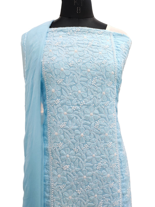 Shyamal Chikan Hand Embroidered Blue Cotton Lucknowi Chikankari Unstitched Suit Piece With Daraz Work- S22225