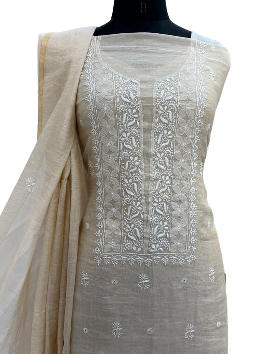 Shyamal Chikan Hand Embroidered Natural Fawn Tissue Chanderi Lucknowi Chikankari Unstitched Suit Piece ( Kurta Dupatta Set ) - S20985