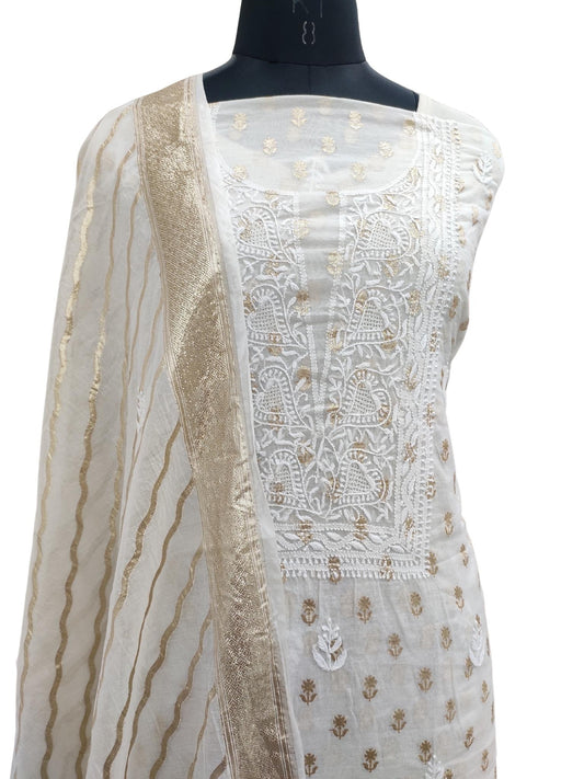 Shyamal Chikan Hand Embroidered White Chanderi Lucknowi Chikankari Unstitched Suit Piece ( Kurta Dupatta Set ) S20919