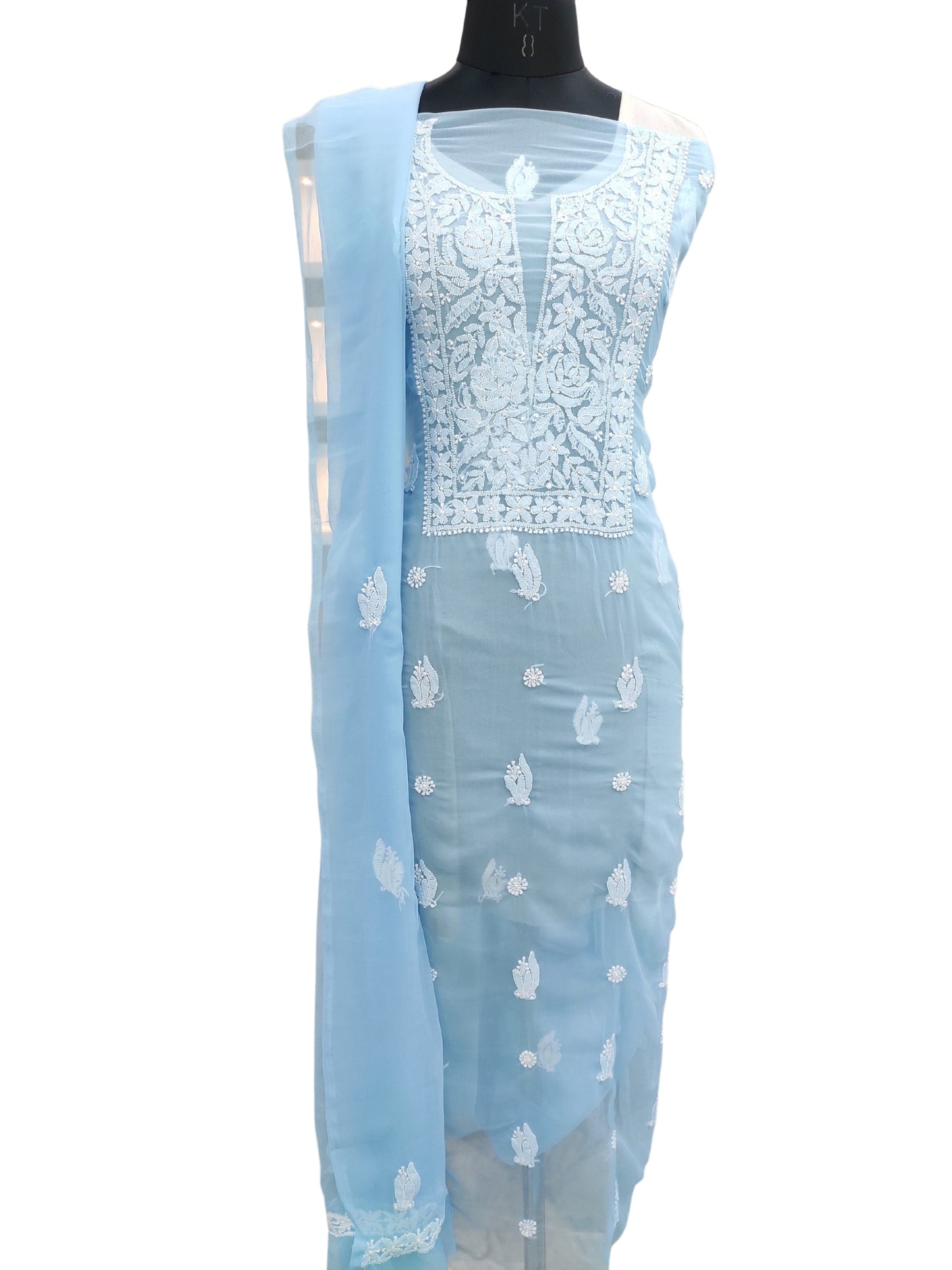 Shyamal Chikan Hand Embroidered Blue Georgette Lucknowi Chikankari Unstitched Suit Piece - S21940