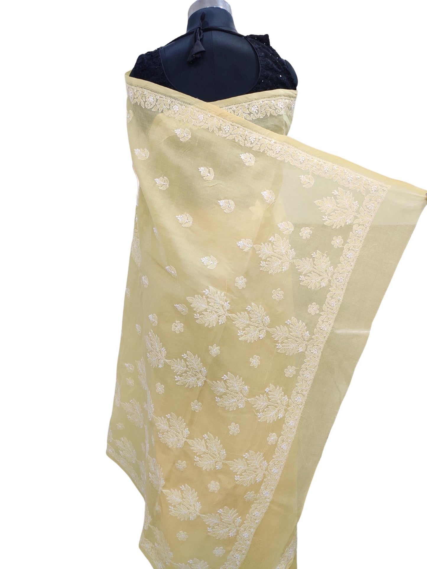 Shyamal Chikan Hand Embroidered Yellow Cotton Lucknowi Chikankari Saree With Blouse Piece- S18278