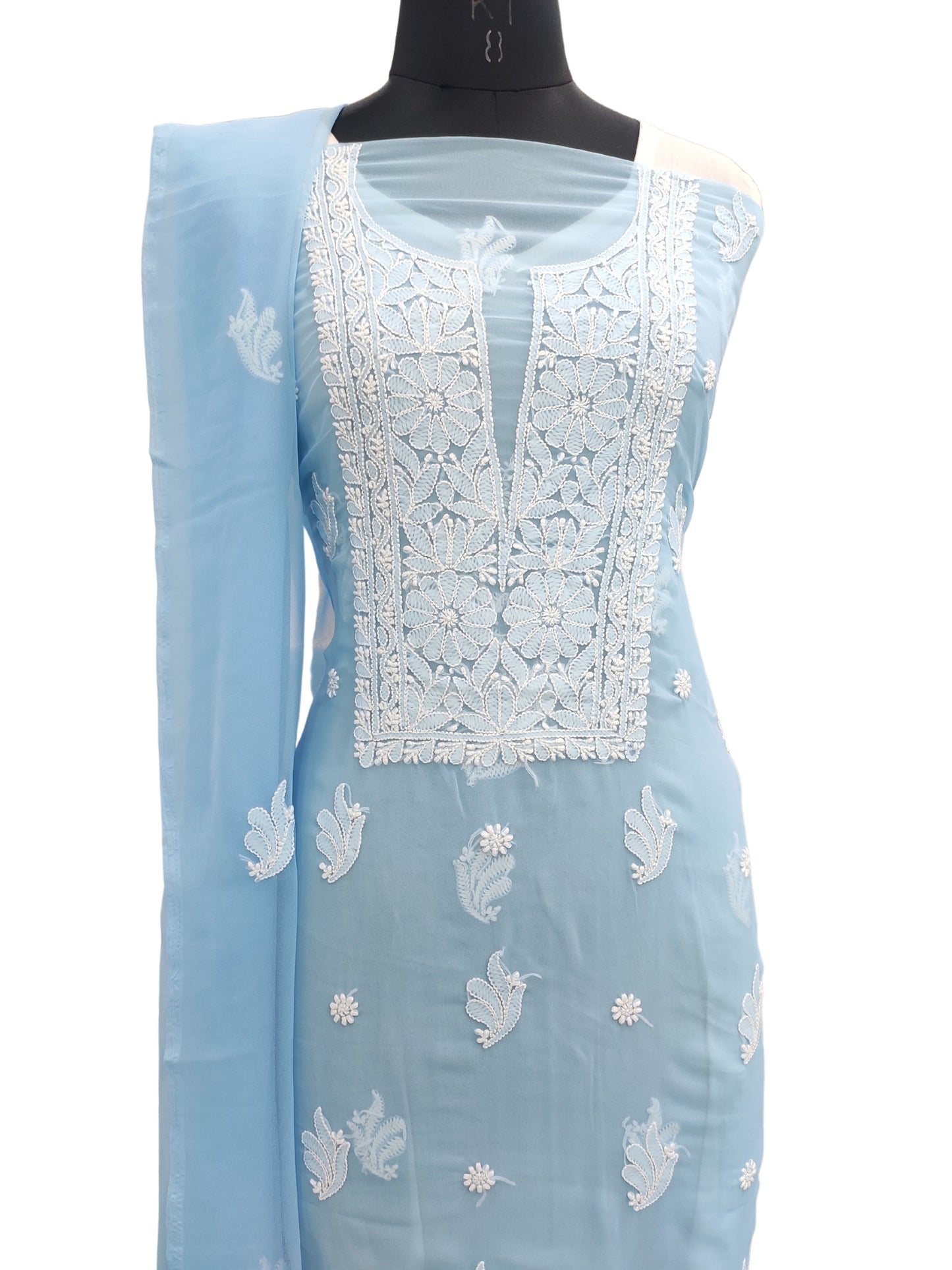 Shyamal Chikan Hand Embroidered Blue Georgette Lucknowi Chikankari Unstitched Suit Piece - S23139