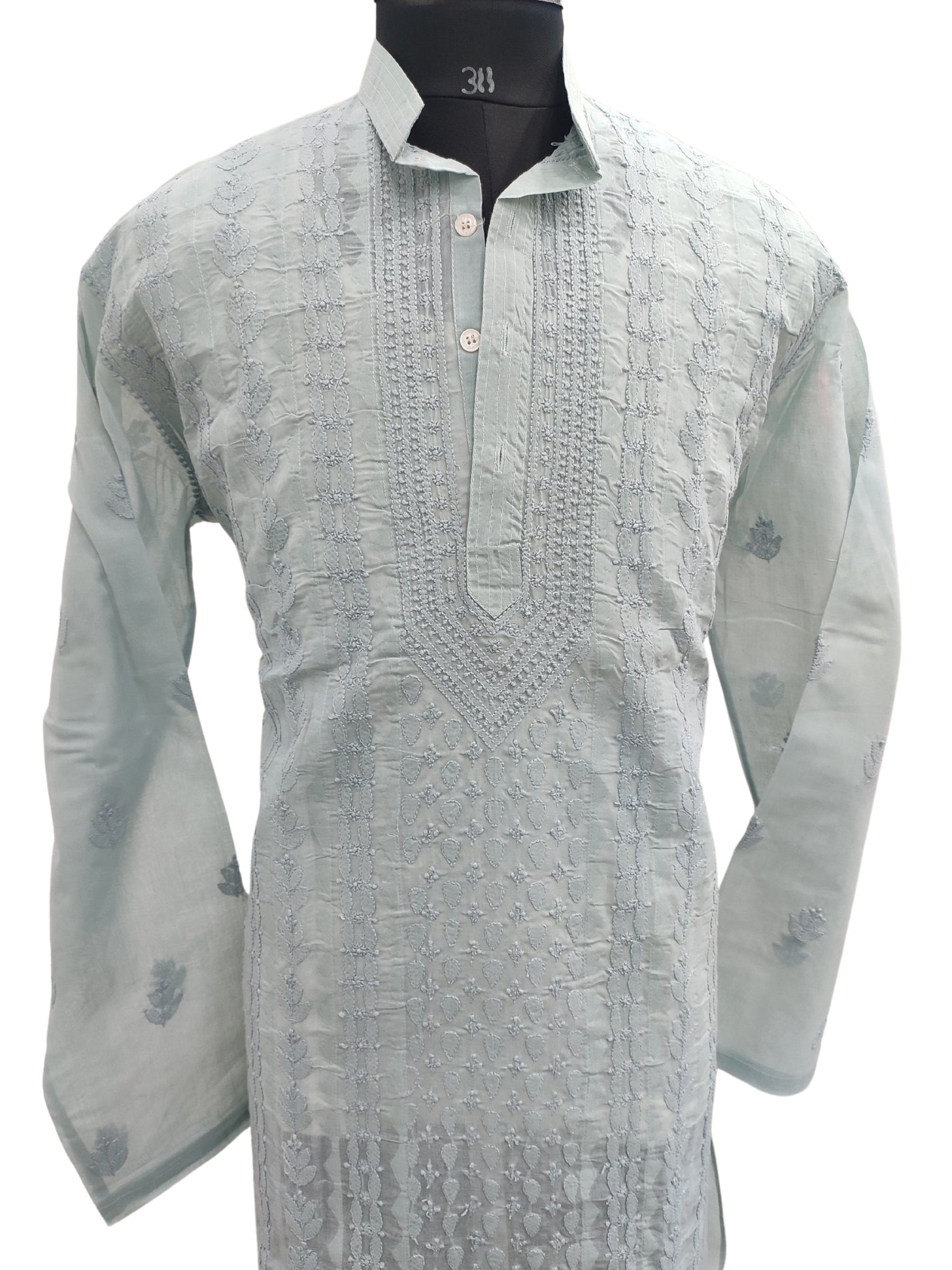 Shyamal Chikan Hand Embroidered Grey Cotton Lucknowi Chikankari Men's Kurta With Daraz Work S23427