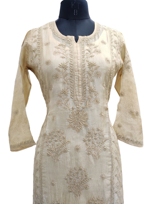 Shyamal Chikan Hand Embroidered Beige Pure Tusser Silk Lucknowi Chikankari Kurti- S27019