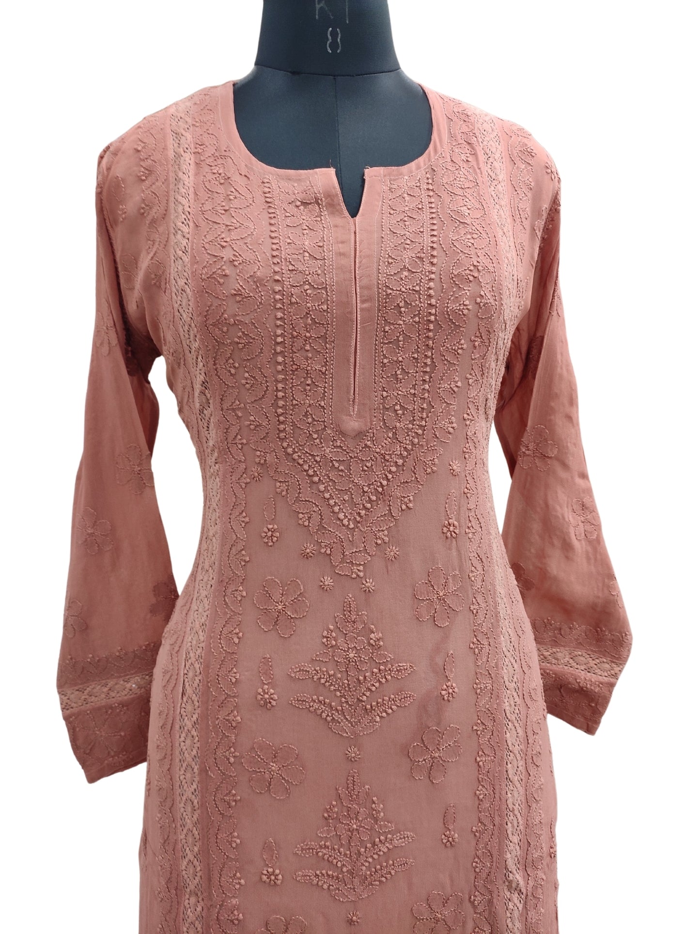 Shyamal Chikan Hand Embroidered Peach Viscose Georgette Lucknowi Chikankari Kurti With Crosia Work  - 23867