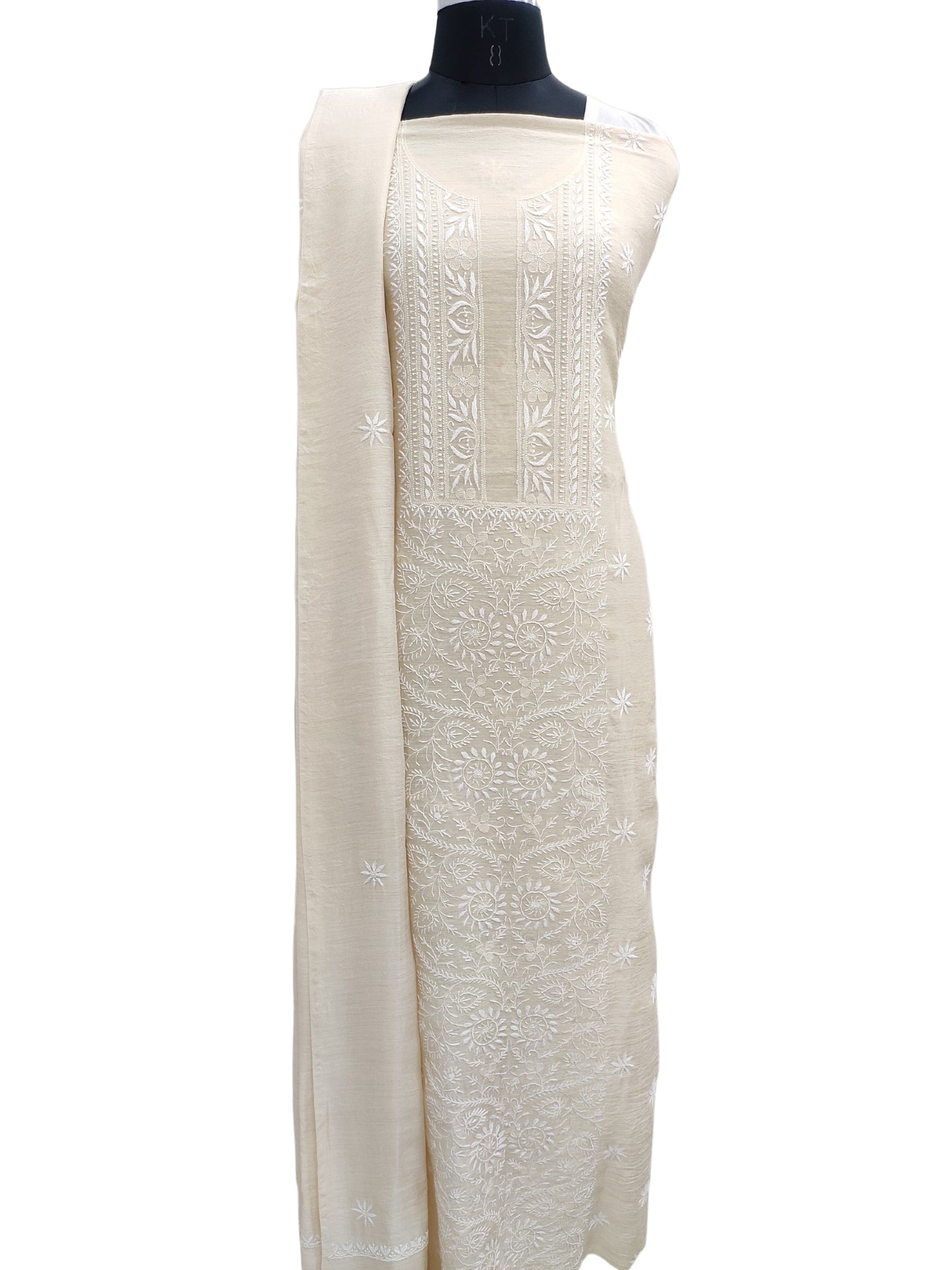 Shyamal Chikan Hand Embroidered Natural Fawn Pure Moonga Silk Lucknowi Chikankari Unstitched Suit Piece - S20830