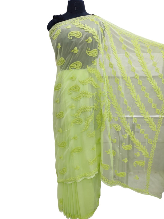 Shyamal Chikan Hand Embroidered Green Georgette Lucknowi Chikankari Saree With Blouse Piece - S21328