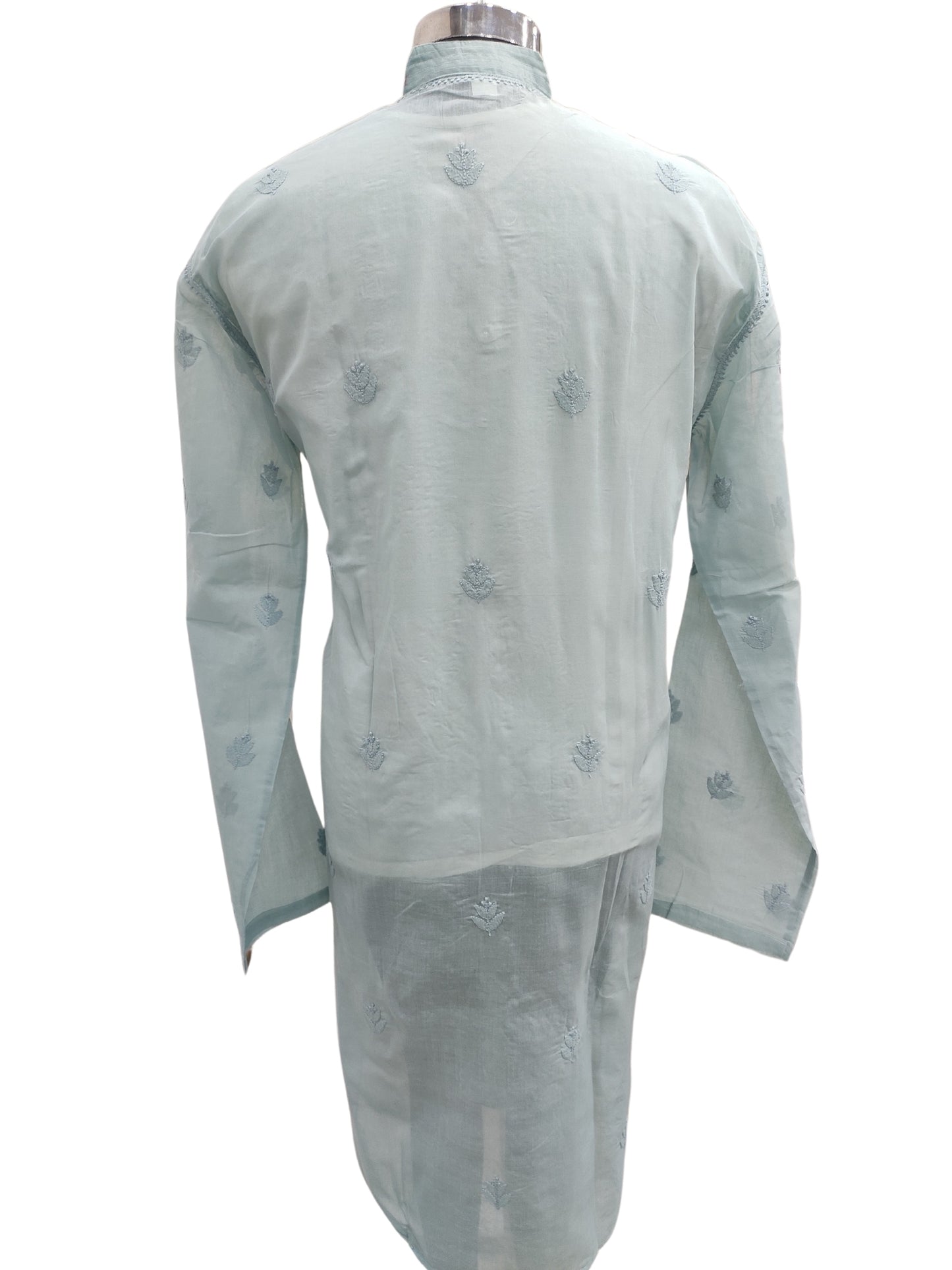 Shyamal Chikan Hand Embroidered Grey Cotton Lucknowi Chikankari Men's Kurta With Daraz Work S23427