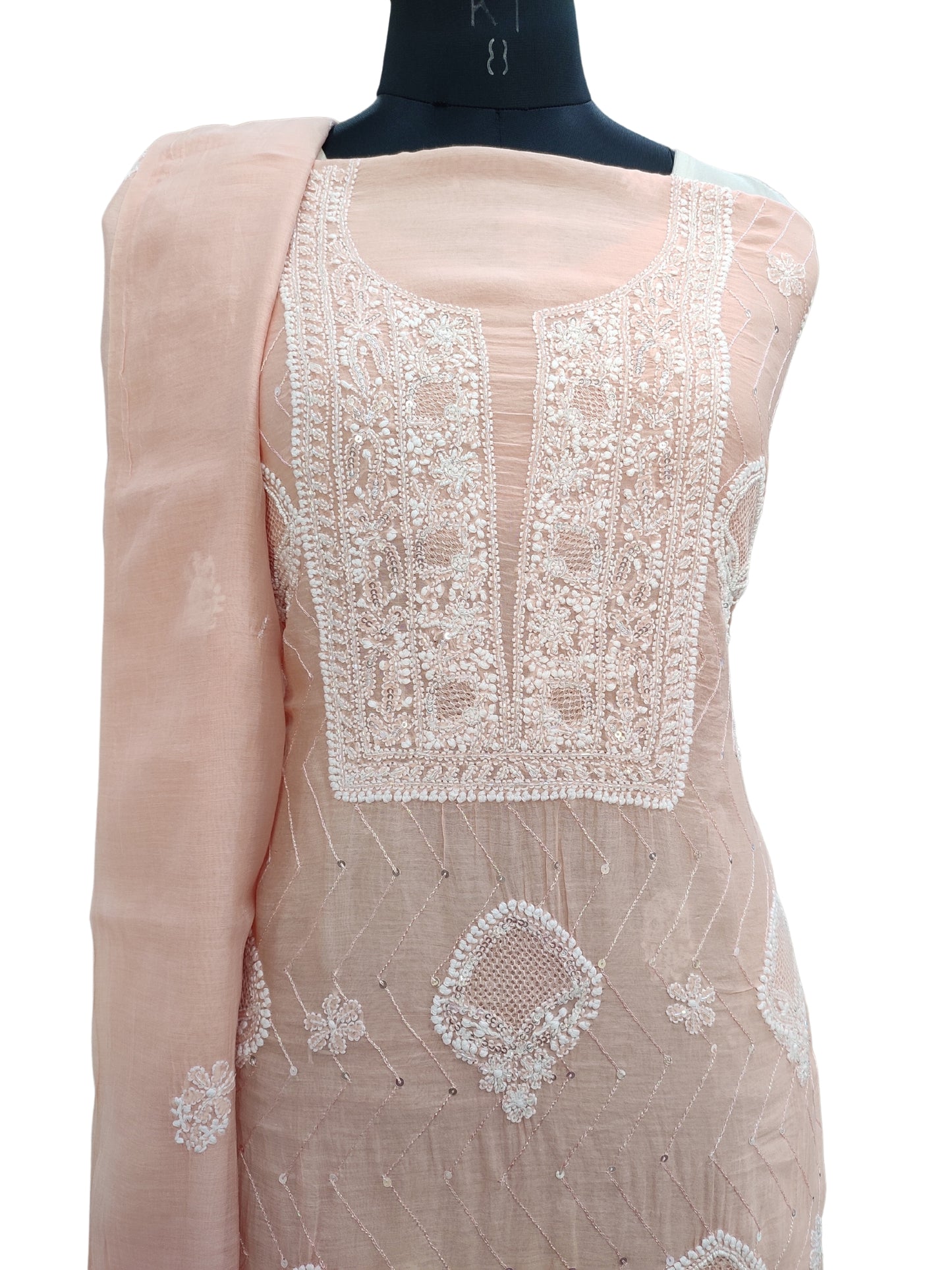 Shyamal Chikan Hand Embroidered Peach Mul Chanderi Lucknowi Chikankari Unstitched Suit Piece with Pearl & Sequin Work (Kurta Dupatta Set) - S20717