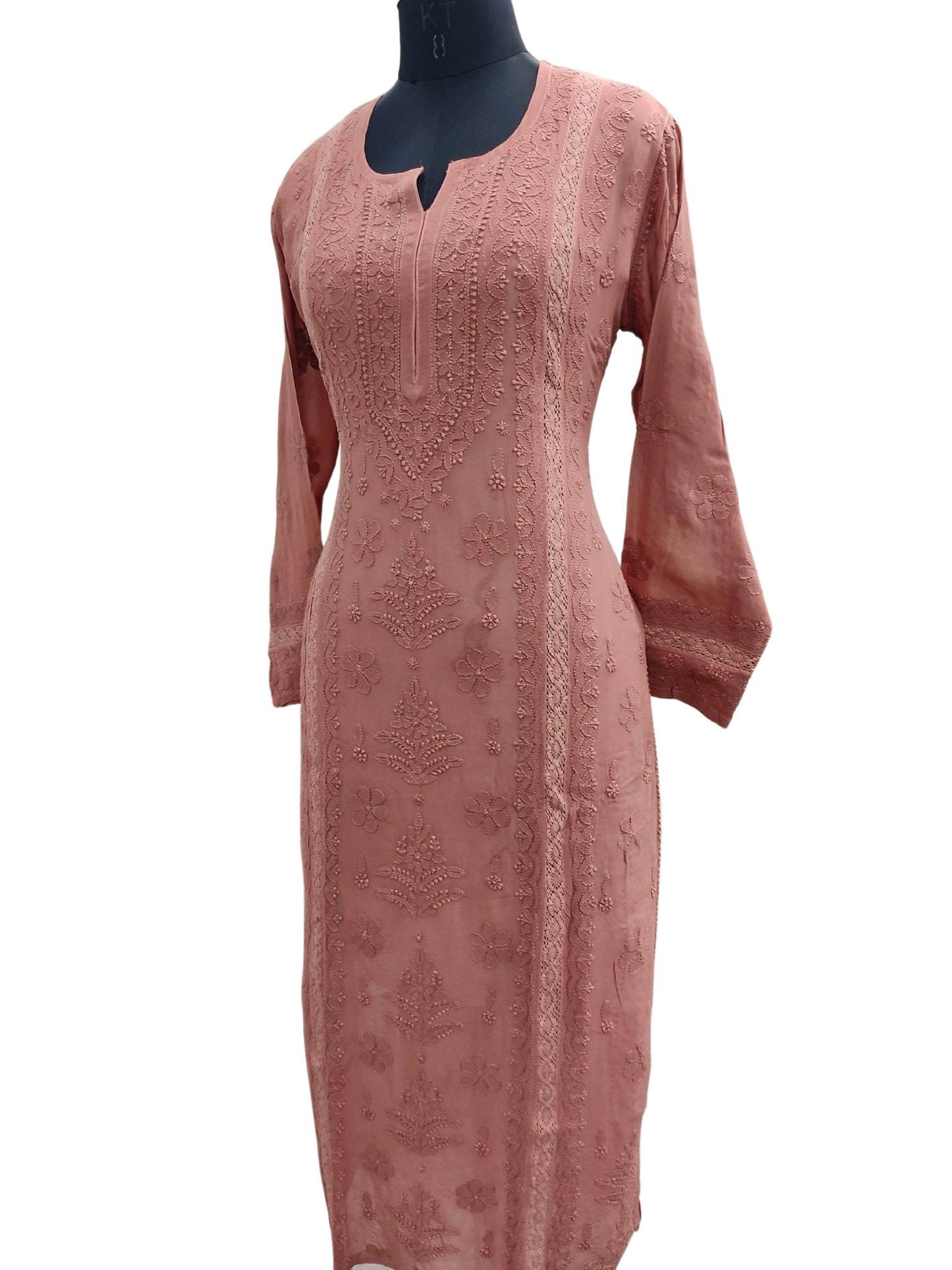 Shyamal Chikan Hand Embroidered Peach Viscose Georgette Lucknowi Chikankari Kurti With Crosia Work - S23867