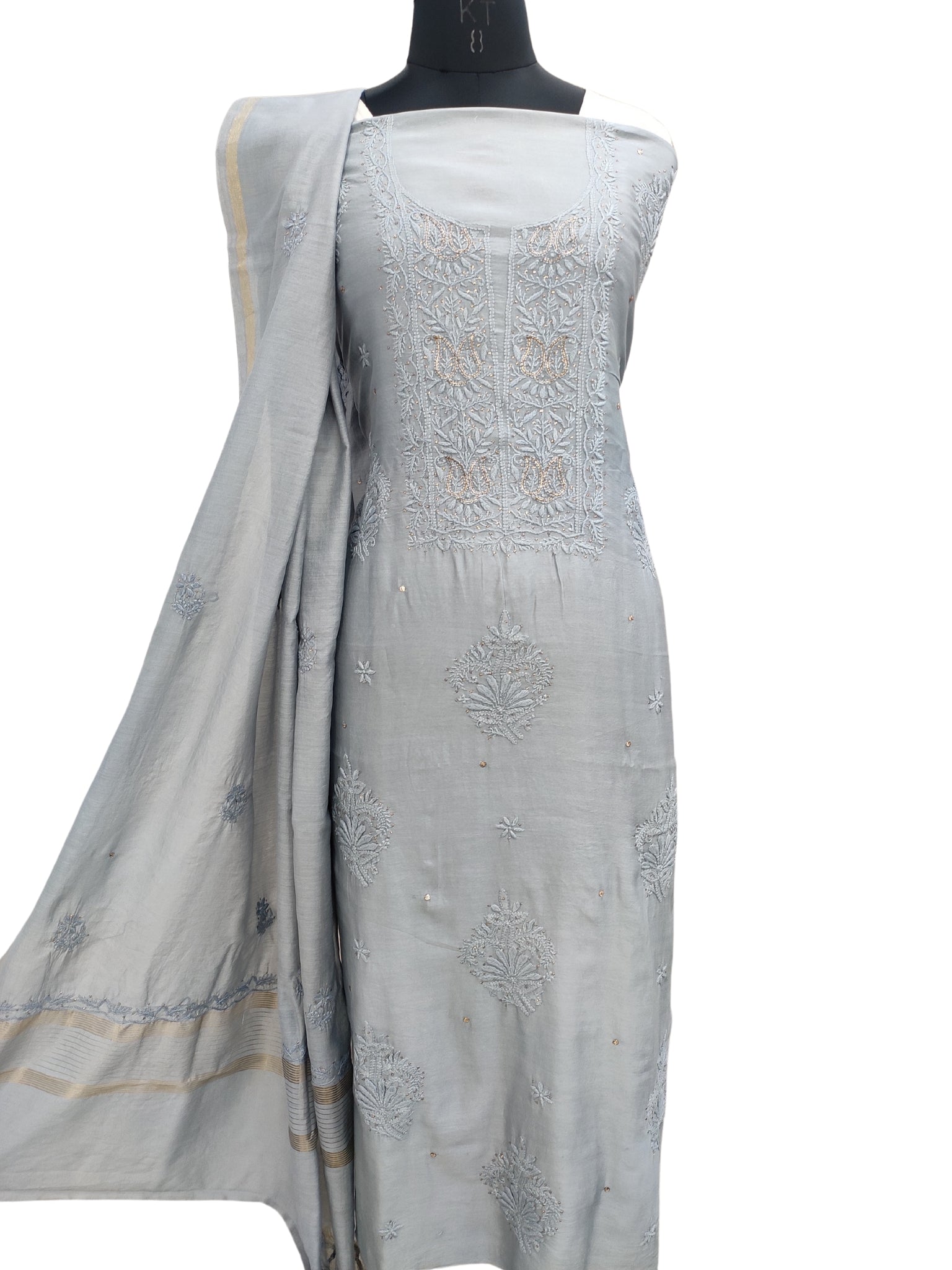 Shyamal Chikan Hand Embroidered Grey Chanderi Silk Lucknowi Chikankari Unstitched Suit Piece With Mukaish Work ( Kurta Dupatta Set ) - S19831