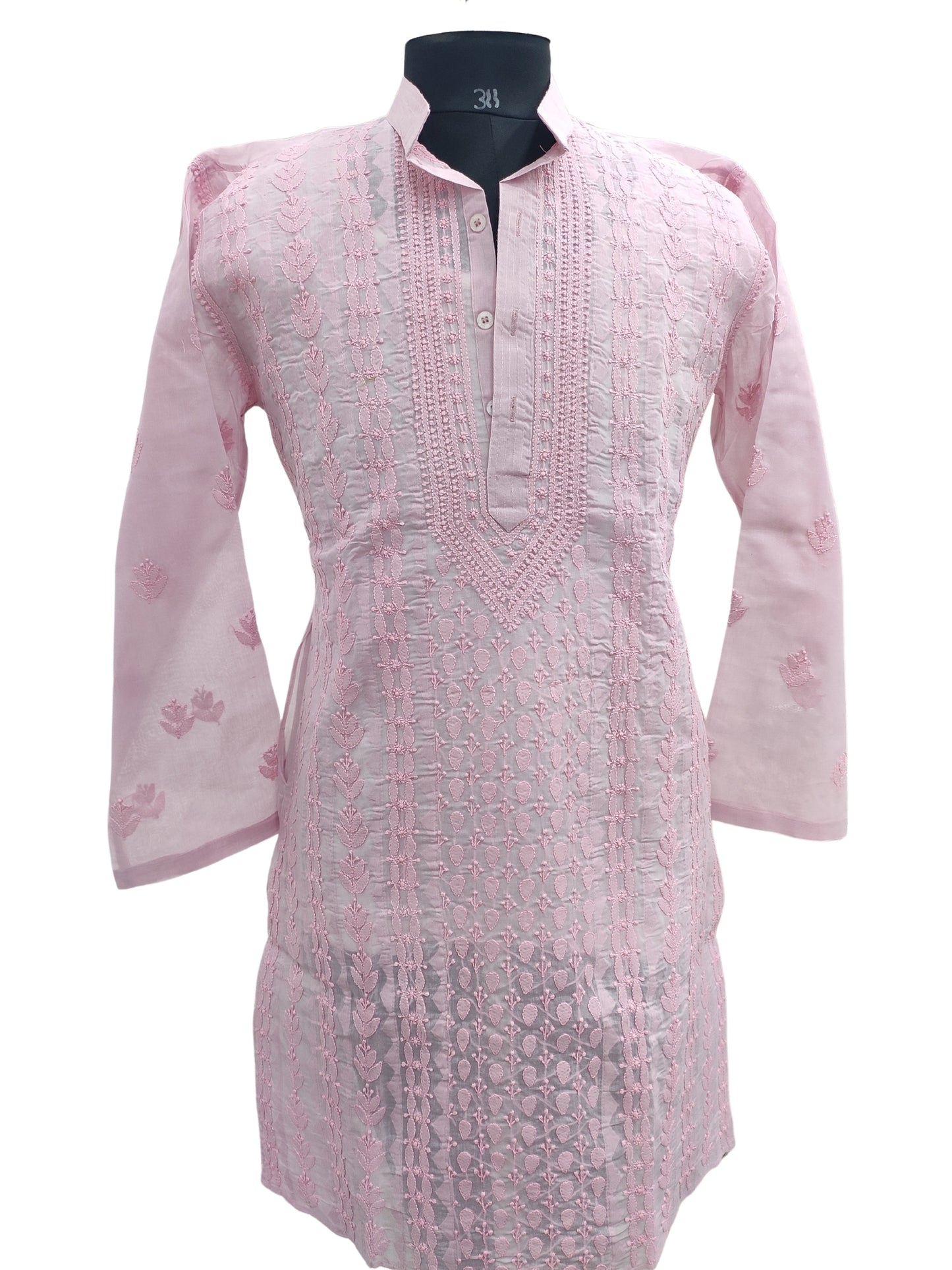 Shyamal Chikan Hand Embroidered Pink Cotton Lucknowi Chikankari Men's Kurta With Daraz Work S23432