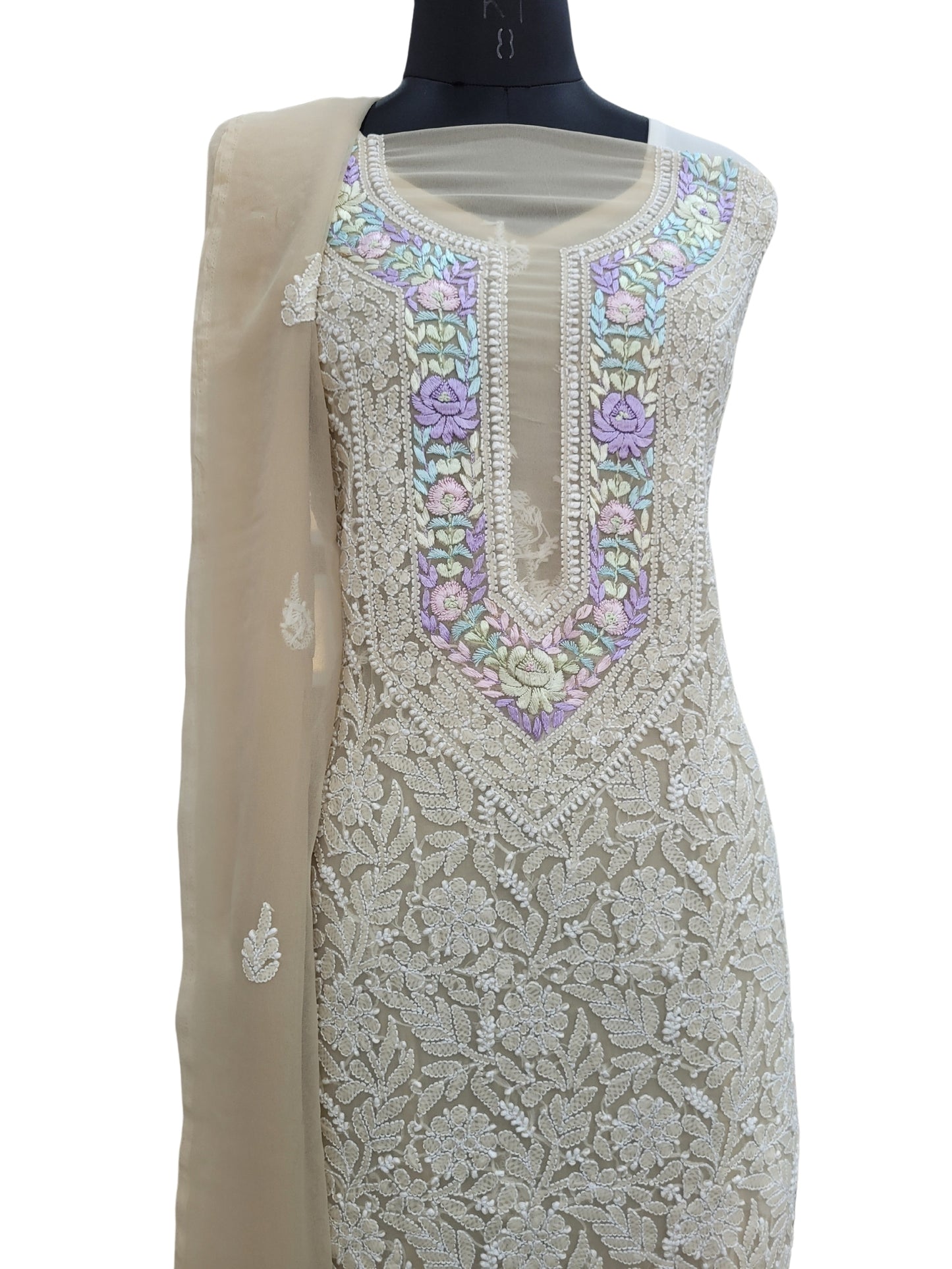 Shyamal Chikan Hand Embroidered Beige Georgette Lucknowi Chikankari Unstitched Suit Piece With Parsi Work - S24387