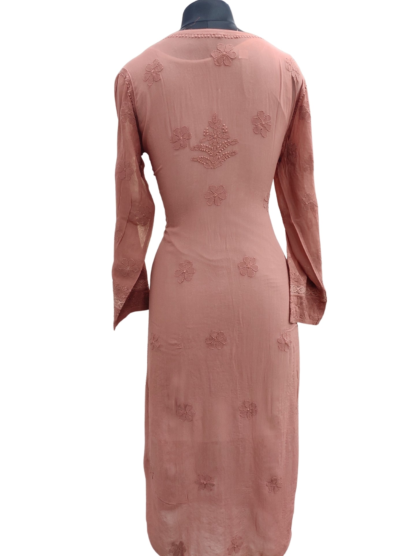 Shyamal Chikan Hand Embroidered Peach Viscose Georgette Lucknowi Chikankari Kurti With Crosia Work - S23867