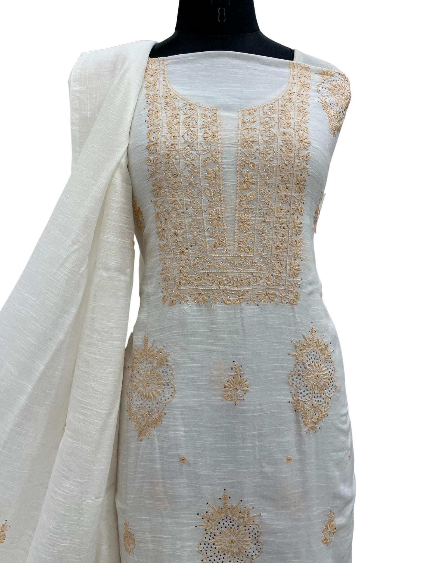 Shyamal Chikan Hand Embroidered White Slub Chanderi Lucknowi Chikankari Unstitched Suit Piece with Mukaish work ( Kurta Dupatta Set ) - S20865