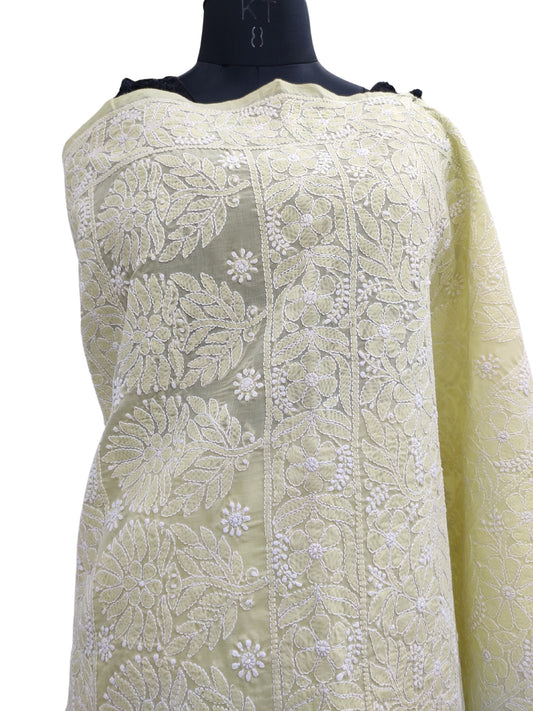 Shyamal Chikan Hand Embroidered Green Cotton Lucknowi Chikankari Heavy Palla Saree With Blouse Piece- S22537