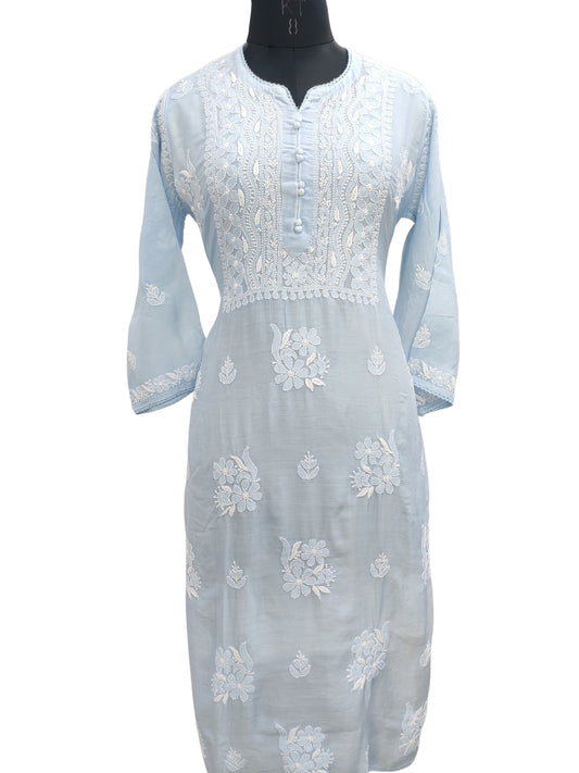 Shyamal Chikan Hand Embroidered Blue Muslin Lucknowi Chikankari Kurti - S22689