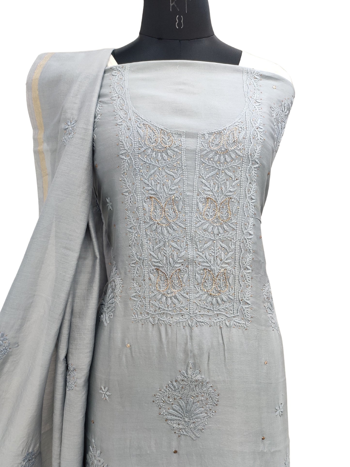 Shyamal Chikan Hand Embroidered Grey Chanderi Silk Lucknowi Chikankari Unstitched Suit Piece With Mukaish Work ( Kurta Dupatta Set ) - S19831