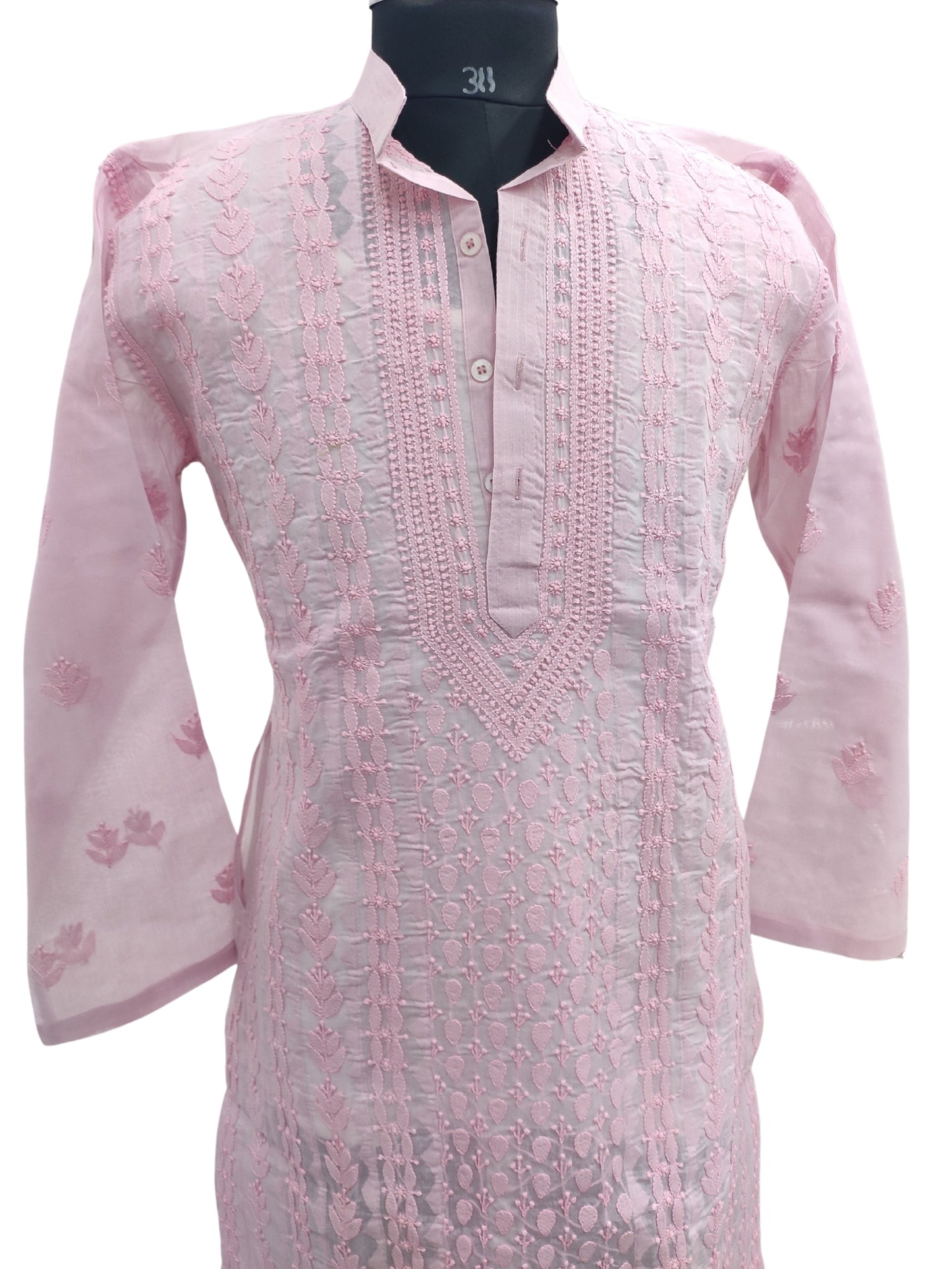 Shyamal Chikan Hand Embroidered Pink Cotton Lucknowi Chikankari Men's Kurta With Daraz Work S23432