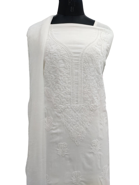 Shyamal Chikan Hand Embroidered White Cotton Lucknowi Chikankari Unstitched Suit Piece- S22243