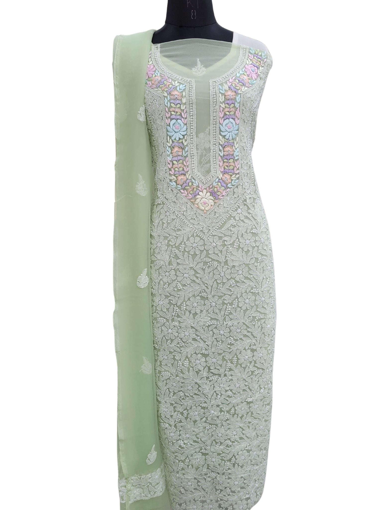 Shyamal Chikan Hand Embroidered Green Georgette Lucknowi Chikankari Unstitched Suit Piece With Parsi Work - S24388