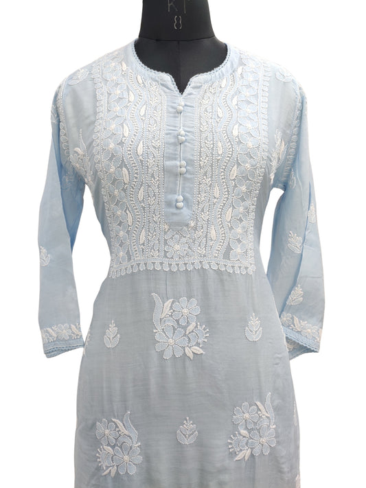 Shyamal Chikan Hand Embroidered Blue Muslin Lucknowi Chikankari Kurti - S22689