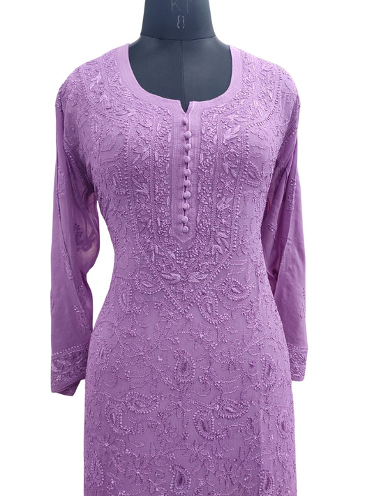 Shyamal Chikan Hand Embroidered Purple Viscose Georgette Lucknowi Chikankari Kurti - 23903