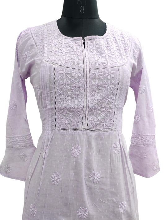 Shyamal Chikan Hand Embroidered Purple Cotton Lucknowi Chikankari Short Top - S20393