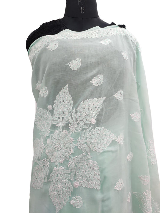 Shyamal Chikan Hand Embroidered Sea Green Cotton Lucknowi Chikankari Saree With Blouse Piece- S18273